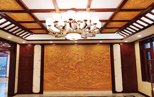 珠海中式别墅客厅中式木作横梁吊顶装饰展示
