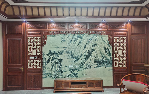 珠海中式仿古别墅客厅背景墙花格木作装饰